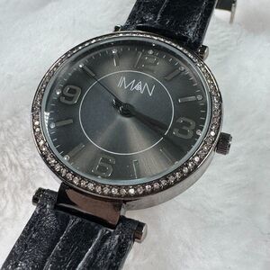 IMAN Silver Leather Band Watch With Rhinestone Bezel